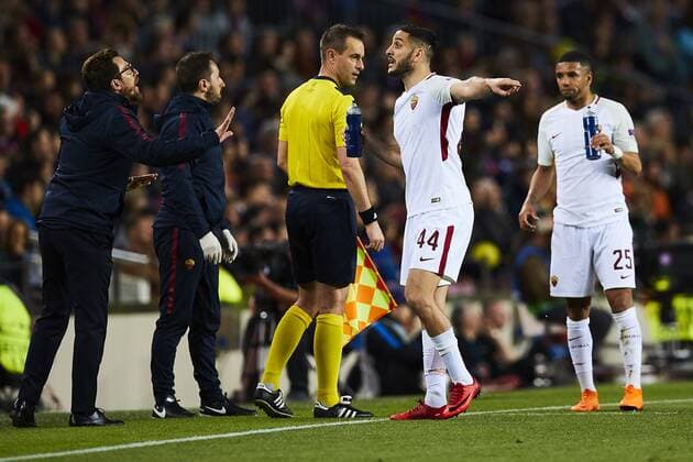 04.04.2018, xslx, Fussball Champions League Viertelfinale, FC Barcelona Barca - AS Roma, emspor v.l. Eusebio Di Francesco coach (AS Roma), Kostas Manolas (AS Roma), Bruno Peres (AS Roma) Barcelona