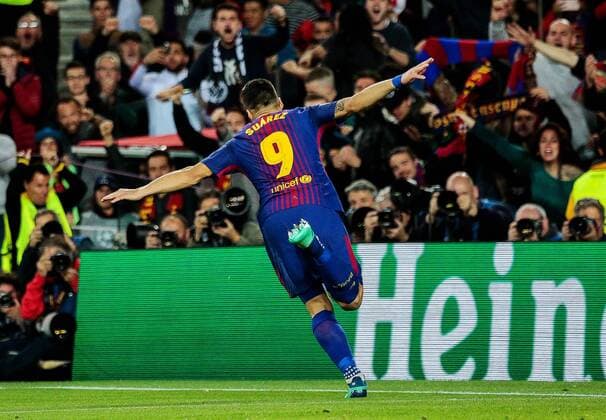 (180405) -- BARCELONA, April 5, 2018 -- Barcelona s Luis Suarez celebrates scoring during the UEFA Champions League quarterfinal 1st Leg match between FC Barcelona Barca and Roma in Barcelona, Spain, on April 4, 2018. Barcelona won 4-1. )(wll) (SP)SPAIN-BARCELONA-SOCCER-UEFA-CHAMPIONS LEAGUE-BARCELONA VS ROMA JoanxGosa 