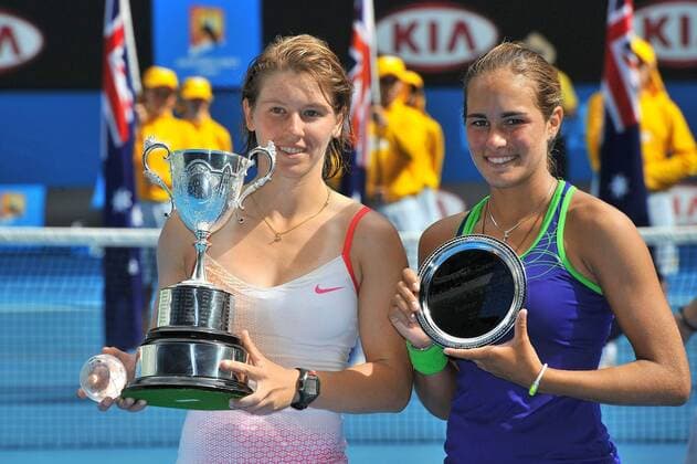 - MELBOURNE, AUSTRALIA : Belgian An-Sophie Mestach celebrates after she won the junior s final match against Monica Puig of Portorico (R), at Melbourne Park, in Melbourne, Australia, Saturday 29 January 2011. 16 years old Belgian An-Sophie Mestach won the simple and the double in junior. PHILIPPExBUISSIN  x24991554x