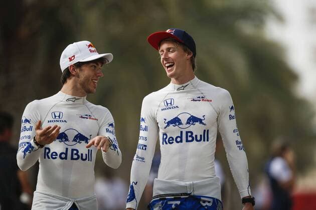 Pierre Gasly of Scuderia Toro Rosso Honda and Brendon Hartley of Scuderia Toro Rosso Honda are seen during preparations of the Bahrain Formula One Grand Prix at the Bahrain International Circuit in Sakhir, Bahrain on 5 April 2018. Copyright: xJamesxGasperottix 19520026