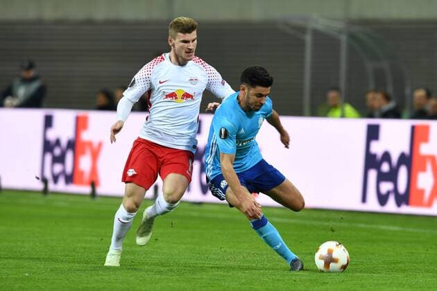Fussball, Herren, Saison 2017 2018, Europa League (Viertelfinale, Hinspiel), RB Leipzig - Olympique Marseille, Timo Werner (Nr. 11, RB Leipzig), Morgan Sanson (Nr. 8, Olympique Marseille), 05.04.2018, Copyright: xMatthiasxKochx