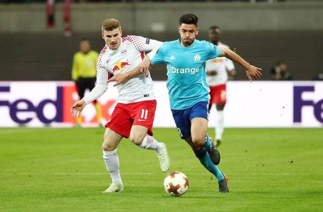RB Leipzig - Marseille Fussball Euro League Leipzig, 05.04.2018, Red Bull Arena, Fussball, UEFA EURO EM Europameisterschaft Fussball League , Viertelfinale, RB Leipzig vs. Olympique de Marseille , Im Bild v.l.: Timo Werner (11, RB Leipzig) und Morgan Sanson (8, Marseille). ,
