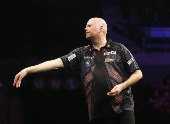 5th April 2018, Echo Arena, Liverpool, England; Unibet Premier League Darts; Raymond van Barneveld (NLD) at the oche during his 0-7 defeat by Michael Smith (ENG)  ActionPlus12008935