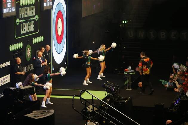 5th April 2018, Echo Arena, Liverpool, England; Unibet Premier League Darts; Michael Smith (ENG) takes to the stage before his match against Raymond van Barneveld (NLD)  ActionPlus12008947