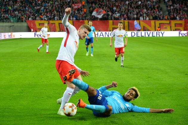 Timo Werner (RB Leipzig) li. und Jordan Amavi (Olympique Marseille) re., RB Leipzig vs. Olympique Marseille, Fussball, UEFA Europa League, 05.04.2018, Leipzig Copyright: xEIBNER BertxHarzerx EP_BHR