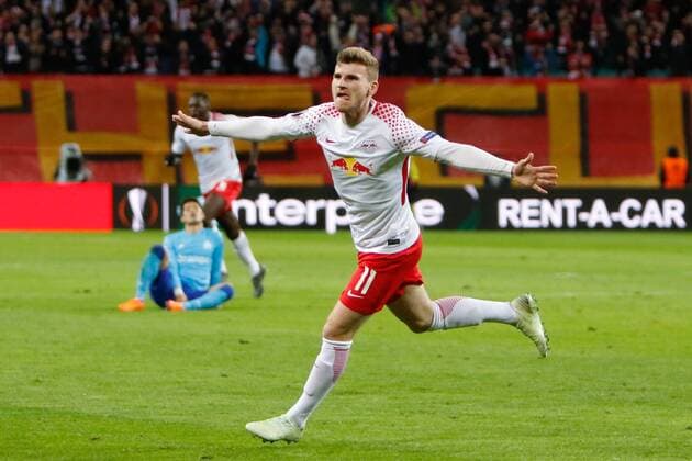 05.04.2018, xtgx, Fussball UEFA Europa League, RB Leipzig - Olympique Marseille, emspor, v.l. Timo Werner (Leipzig, 11) Jubel, Torjubel, jubelt über das Tor, celebrate the goal, celebration Leipzig
