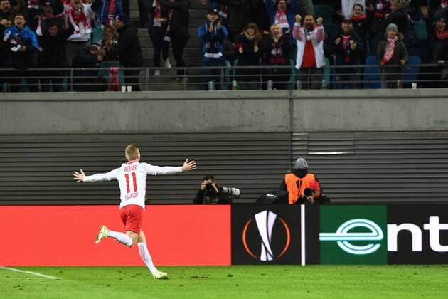 Fussball, Herren, Saison 2017 2018, Europa League (Viertelfinale, Hinspiel), RB Leipzig - Olympique Marseille, Jubel nach dem Tor zum 1:0 durch Timo Werner (Nr. 11, RB Leipzig), 05.04.2018, Copyright: xMatthiasxKochx