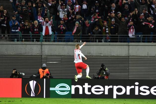 Fussball, Herren, Saison 2017 2018, Europa League (Viertelfinale, Hinspiel), RB Leipzig - Olympique Marseille, Jubel nach dem Tor zum 1:0 durch Timo Werner (Nr. 11, RB Leipzig), 05.04.2018, Copyright: xMatthiasxKochx