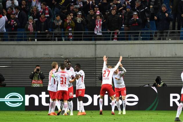 Fussball, Herren, Saison 2017 2018, Europa League (Viertelfinale, Hinspiel), RB Leipzig - Olympique Marseille, Jubel nach dem Tor zum 1:0 durch Timo Werner (Nr. 11, RB Leipzig), 05.04.2018, Copyright: xMatthiasxKochx