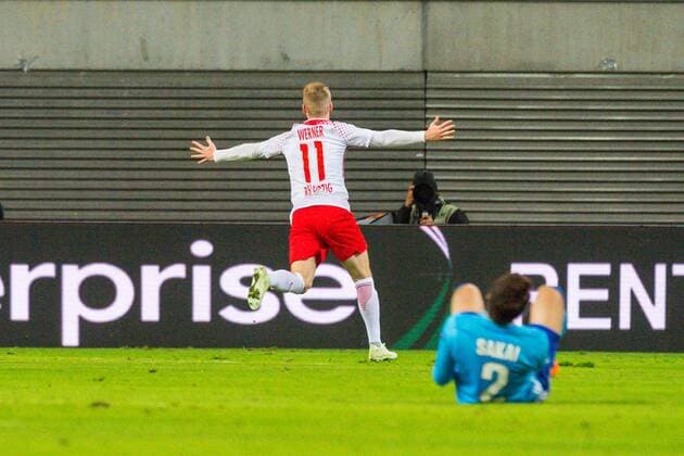 GER, Europa League, RB Leipzig vs. Olympique Marseille 05.04.2018, Red Bull Arena, Leipzig, GER, Europa League, RB Leipzig vs. Olympique Marseille, im Bild Torjubel von Torschuetze Torschütze Timo Werner ( 11, RB Leipzig) nach der 1:0 Führung von RB Leipzig gegen Olympique Marseille