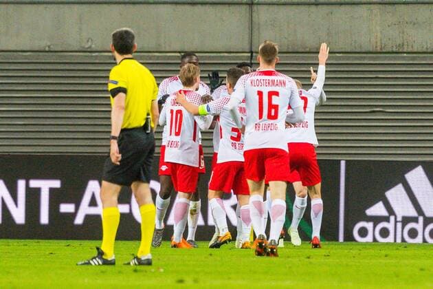 GER, Europa League, RB Leipzig vs. Olympique Marseille 05.04.2018, Red Bull Arena, Leipzig, GER, Europa League, RB Leipzig vs. Olympique Marseille, im Bild Torjubel von Torschuetze Torschütze Timo Werner ( 11, RB Leipzig) nach der 1:0 Führung von RB Leipzig gegen Olympique Marseille