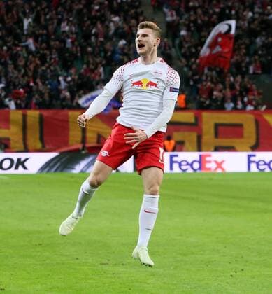 RB Leipzig - Marseille Fussball Euro League Leipzig, 05.04.2018, Red Bull Arena, Fussball, UEFA EURO EM Europameisterschaft Fussball League, Viertelfinale, Hinspiel , RB Leipzig vs. Olympique Marseille , Im Bild; Tor für RB Leipzig. Timo Werner (11, RB Leipzig) erzielt den Treffer zum 1:0 und jubelt. ,