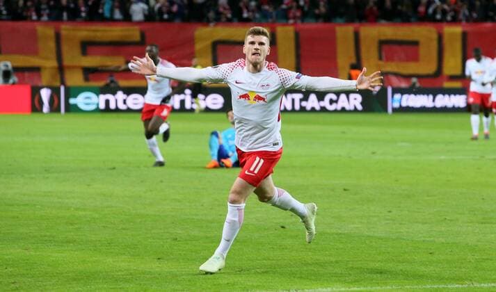 RB Leipzig - Marseille Fussball Euro League Leipzig, 05.04.2018, Red Bull Arena, Fussball, UEFA EURO EM Europameisterschaft Fussball League, Viertelfinale, Hinspiel , RB Leipzig vs. Olympique Marseille , Im Bild; Tor für RB Leipzig. Timo Werner (11, RB Leipzig) erzielt den Treffer zum 1:0 und jubelt. ,