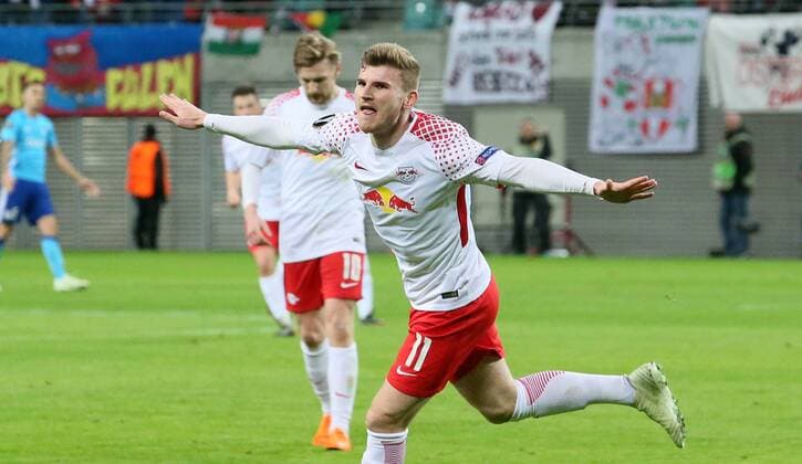 RB Leipzig - Marseille Fussball Euro League Leipzig, 05.04.2018, Red Bull Arena, Fussball, UEFA EURO EM Europameisterschaft Fussball League, Viertelfinale, Hinspiel , RB Leipzig vs. Olympique Marseille , Im Bild; Tor für RB Leipzig. Timo Werner (11, RB Leipzig) erzielt den Treffer zum 1:0 und jubelt. ,