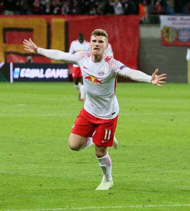 RB Leipzig - Marseille Fussball Euro League Leipzig, 05.04.2018, Red Bull Arena, Fussball, UEFA EURO EM Europameisterschaft Fussball League, Viertelfinale, Hinspiel , RB Leipzig vs. Olympique Marseille , Im Bild; Tor für RB Leipzig. Timo Werner (11, RB Leipzig) erzielt den Treffer zum 1:0 und jubelt. ,