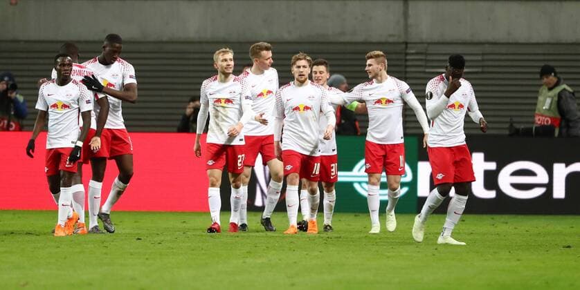 RB Leipzig - Marseille Fussball Euro League Leipzig, 05.04.2018, Red Bull Arena, Fussball, UEFA EURO EM Europameisterschaft Fussball League , Viertelfinale, RB Leipzig vs. Olympique de Marseille , Im Bild: Leipziger Torjubel nach dem Treffer zum 1:0 durch Timo Werner (2.v.r., RB Leipzig)