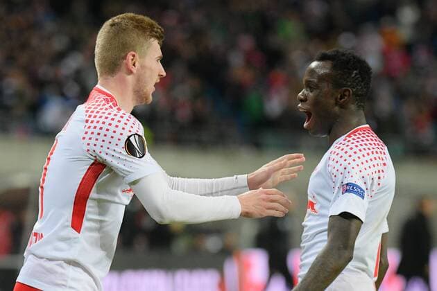 Timo Werner (RB Leipzig) erzielt das 1:0, Bruma (RB Leipzig) gratuliert, RB Leipzig vs. Olympique Marseille, Fussball, UEFA Europa League, 05.04.2018, Leipzig Copyright: xEIBNER BertxHarzerx EP_BHR
