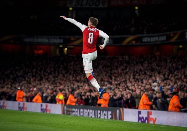 Themen der Woche - SPORT Bilder des Tages - SPORT Aaron Ramsey of Arsenal celebrates scoring his second goal during the UEFA Europa League QF 1st leg match between Arsenal and CSKA Moscow at the Emirates Stadium, London, England on 5 April 2018. Copyright: xAndrewxAleksiejczukx PMI-1949-0035