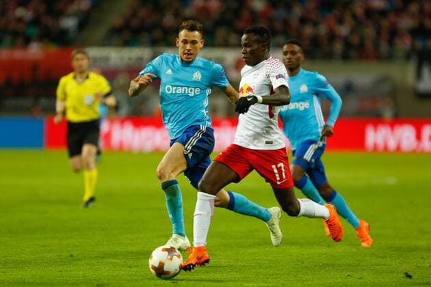 05.04.2018, xtgx, Fussball UEFA Europa League, RB Leipzig - Olympique Marseille, emspor, v.l. Lucas Ocampos (Olympique Marseille, 5), Bruma (Leipzig, 17) Leipzig