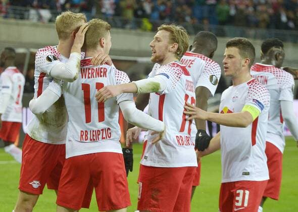 Fußball-Europa League 2017 18, Viertelfinale RB Leipzig - Olympique Marseille (05.04.2018) Timo Werner (RBL 2.v.l.) jubelt nach seinem Tor zum 1:0 mit konrad Laimer (li.), Diego Demme (re.) und Emil Forsberg (2.v.r.) Leipzig Sachsen Deutschland