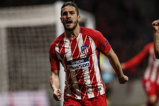 5th April 2018, Wanda Metropolitano, Madrid, Spain; UEFA Europa League football, quarter final, 1st leg, Atletico Madrid versus Sporting Lisbon; Jorge Resurreccion KOKE (Atletico de Madrid) celebrates his goal which made it 1-0  ActionPlus12008984
