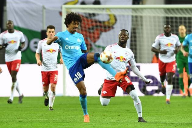 Fussball, Herren, Saison 2017 2018, Europa League (Viertelfinale, Hinspiel), RB Leipzig - Olympique Marseille, Luiz Gustavo (Nr. 19, Olympique Marseille), Naby Keita (Nr. 8, RB Leipzig), 05.04.2018, Copyright: xMatthiasxKochx