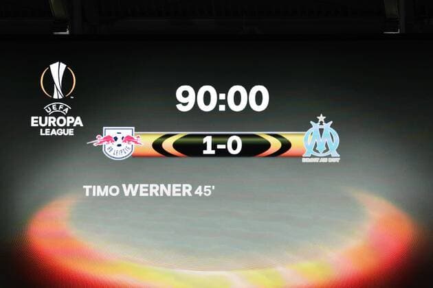 Fussball, Herren, Saison 2017 2018, Europa League (Viertelfinale, Hinspiel), RB Leipzig - Olympique Marseille, Anzeigetafel mit dem 1:0-Endstand und dem Torschützen Timo Werner (Nr. 11, RB Leipzig), 05.04.2018, Copyright: xMatthiasxKochx