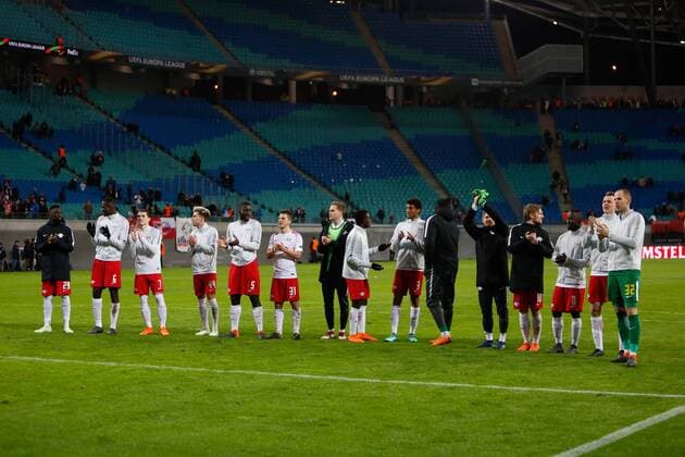 05.04.2018, xtgx, Fussball UEFA Europa League, RB Leipzig - Olympique Marseille, emspor, v.l. Leipzig Jubel über den Sieg, Jubel nach Spielende Leipzig