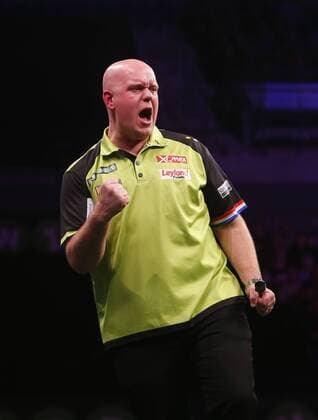 5th April 2018, Echo Arena, Liverpool, England; Unibet Premier League Darts; Michael van Gerwen (NLD) reacts during his 7-4 win over Mensur Suljovic (AUT)  ActionPlus12009051