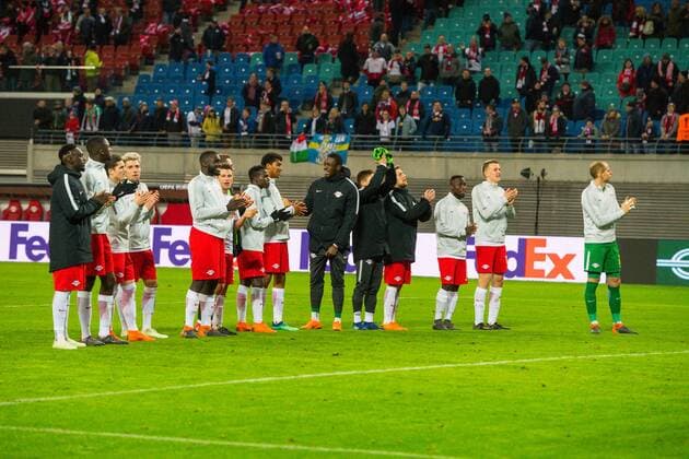 GER, Europa League, RB Leipzig vs. Olympique Marseille 05.04.2018, Red Bull Arena, Leipzig, GER, Europa League, RB Leipzig vs. Olympique Marseille, im Bild Jubel der Spieler von RB Leipzig nach dem 1:0 Erfolg gegen Olympique Marseille