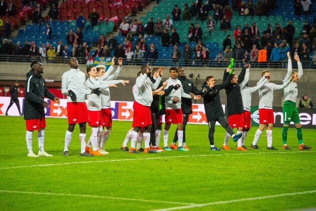 GER, Europa League, RB Leipzig vs. Olympique Marseille 05.04.2018, Red Bull Arena, Leipzig, GER, Europa League, RB Leipzig vs. Olympique Marseille, im Bild Jubel der Spieler von RB Leipzig nach dem 1:0 Erfolg gegen Olympique Marseille