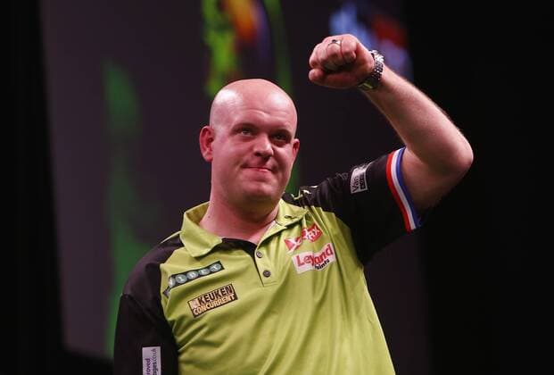 5th April 2018, Echo Arena, Liverpool, England; Unibet Premier League Darts; Michael van Gerwen (NLD) reacts during his 7-4 win over Mensur Suljovic (AUT)  ActionPlus12009055