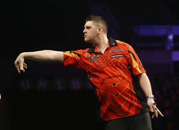 5th April 2018, Echo Arena, Liverpool, England; Unibet Premier League Darts; Daryl Gurney (NI) at the oche during his match against Peter Wright (SCO)  ActionPlus12009094