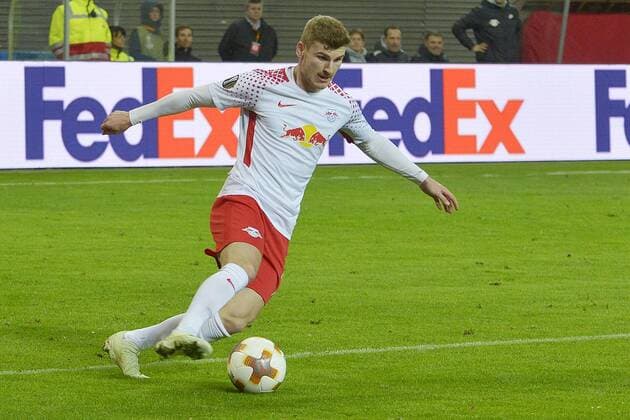 Fußball-Europa League 2017 18, Viertelfinale RB Leipzig - Olympique Marseille (05.04.2018) Timo Werner (RBL) am Ball kurz vor dem 1:0-Tor. Leipzig Sachsen Deutschland