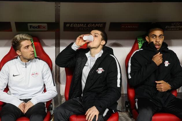 Kevin Kampl,Marcel Sabitzer,Yussuf Poulsen (v.li.,RB Leipzig) - Viertelfinale Europa League Saison 2017-2018 RasenBallsport Leipzig vs. Olympique de Marseille in der RB Arena in Leipzig - Deutschland, Fußball, Mann, Maenner,05.04.2018