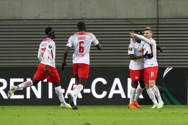 Torjubel - Torschütze Timo Werner (RB Leipzig) trifft zum 1-0 - Viertelfinale Europa League Saison 2017-2018 RasenBallsport Leipzig vs. Olympique de Marseille in der RB Arena in Leipzig - Aktion,Deutschland, Fußball, Mann, Maenner,05.04.2018