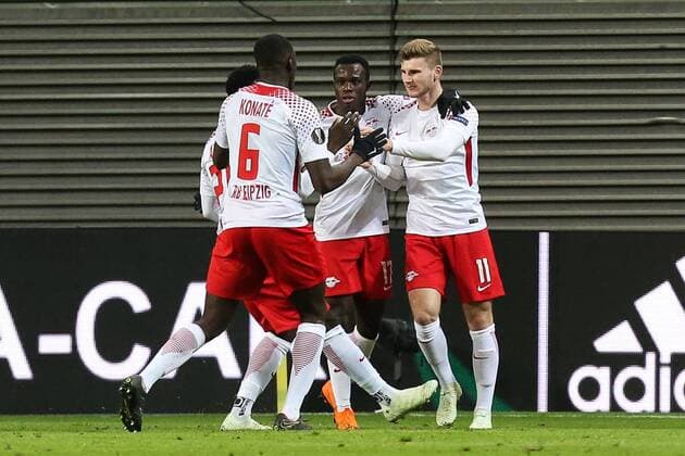 Torjubel - Torschütze Timo Werner (RB Leipzig) trifft zum 1-0 - Viertelfinale Europa League Saison 2017-2018 RasenBallsport Leipzig vs. Olympique de Marseille in der RB Arena in Leipzig - Aktion,Deutschland, Fußball, Mann, Maenner,05.04.2018
