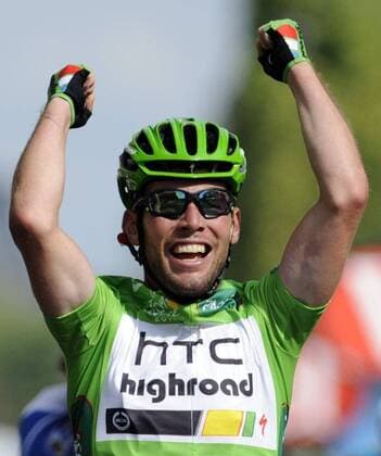- PARIS, FRANCE: Holder of the green jersey of leader in the sprint ranking British Mark Cavendish of Team HTC - High Road celebrates as he crosses the finish line after the twenty first and final stage of the Tour de France cycling race, from Creteil to Paris (95km), in France, Sunday 24 July 2011. The 98th Tour de France ends on the Champs-Elysees in Paris today. ERICxLALMAND  x28358921x