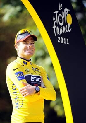 - PARIS, FRANCE: Australian Cadel Evans of BMC Racing Team celebrates on the podium after the twenty first and final stage of the Tour de France cycling race, from Creteil to Paris (95km), in France, Sunday 24 July 2011. The 98th Tour de France ends on the Champs-Elysees in Paris today. DIRKxWAEM  x28359350x