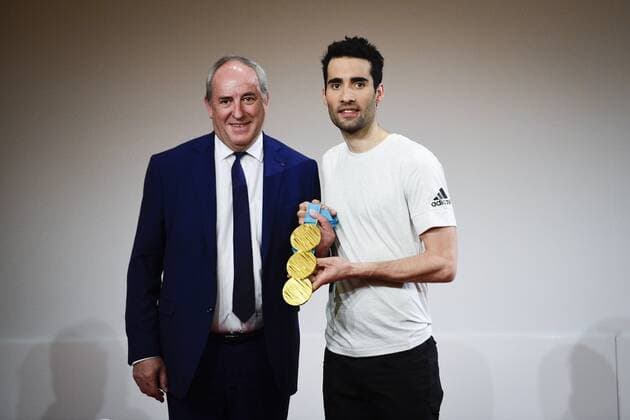 Martin Fourcade et ses 3 medailles d Or Olympiques Roland Berthilier - President MGEN NEWS : Conference de presse MGEN Academie - Paris - 06 04 2018 JBAutissier Panoramic 
