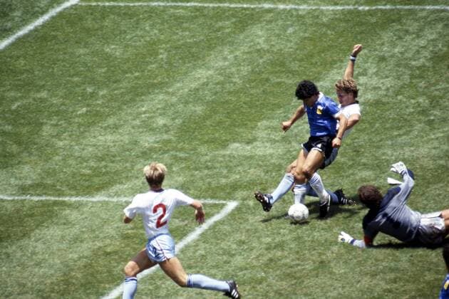 FIFA World Cup WM Weltmeisterschaft Fussball - Mexico 1986 22.6.1986, Estadio Azteca, Mexico, D.F. Quarter-final Argentina v England. Diego Maradona scores the greatest goal the World Cup has ever seen, 2-0 against England. 6 - Maradona has gone past gaolkeeper Peter Shilton and Terry Butcher is late, as Diego s lethal left foot slides the ball in to the net. England number 2 is Gary Stevens. Noxthirdxpartyxsales  (75038365)