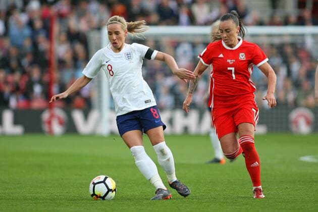 Football - 2017 2018 Womens World Cup Qualifier - UEFA Group One: England vs. Wales Englands Jordan Nobbs and Natasha Harding of Wales in action at St Mary s COLORSPORT SHAUN BOGGUST 