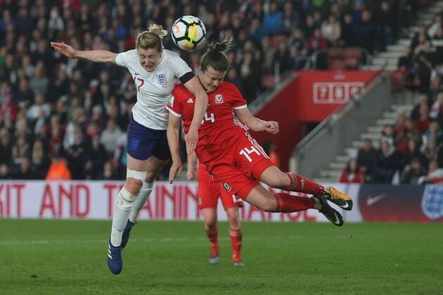 England Women v Wales Women 2019 FIFA Womens World Cup Qualifier Ellen White of England heads for goal as Hayley Ladd of Wales tries to intervene during the 2019 FIFA Womens World Cup Qualifying match at the St Mary s Stadium, Southampton Content Not Available For UK Newspapers Copyright: xPaulxChestertonx FIL-11617-0002