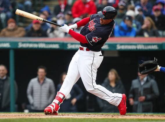 April 6, 2018 - Cleveland, OH, USA - The Cleveland Indians Michael Brantley hits a two-run single against the Kansas City Royals in the first inning on Friday, April 6, 2018, at Progressive Field in Cleveland. The Indians won, 3-2. Kansas City at Cleveland - ZUMAm67_ 20180406_zaf_m67_086 Copyright: xLeahxKlafczynskix