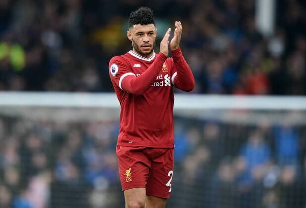 Alex Oxlade Chamberlain of Liverpool thanks the fans at the end of the premier league match at Goodison Park Stadium, Liverpool. Picture date 7th April 2018. Picture credit should read: Robin Parker Sportimage EDITORIAL USE ONLY. No use with unauthorised audio, video, data, fixture lists, club league logos or live services. Online in-match use limited to 120 images, no video emulation. No use in betting, games or single club league player publications. HIP_0349.JPG