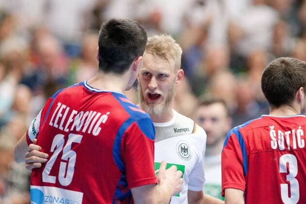 Magdeburger Teamkollegen Matthias Musche (Nr. 37 Deutschland) und Nemanja Zelenovic (Nr. 25 Serbien) Deutschland - Serbien Dortmund Copyright: xDanielxReinelt xEibner-Pressefotox EP_drt