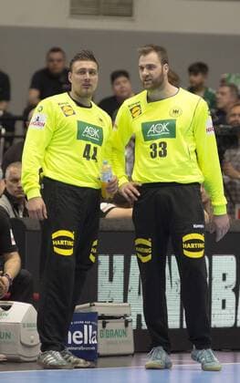 Deutschland vs. Serbien Handball Länderspiel ; Test Deutschland vs. Serbien, 7.4.2018 TW Dario Quensted und TW Andreas Wolff