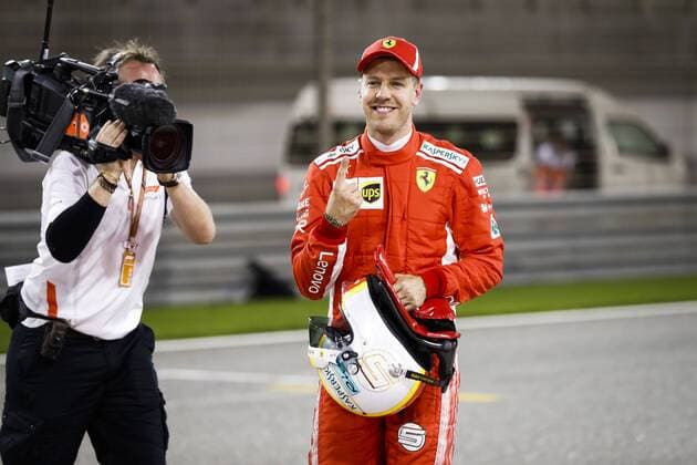 VETTEL Sebastian (ger), Scuderia Ferrari celebrating pole position during 2018 Formula 1 FIA World Championship WM Weltmeisterschaft Bahrain Grand Prix, at Sakhir from April 5 to 8 I Motorsports: FIA Formula One World Championship 2018, Grand Prix of Bahrain, Sakhir Bahrain