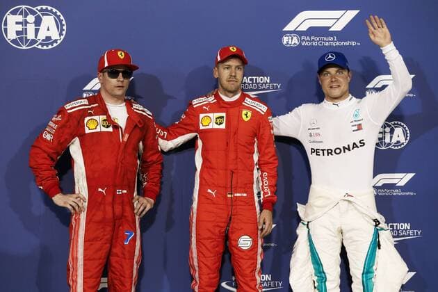 VETTEL Sebastian (ger), Scuderia Ferrari RAIKKONEN Kimi (fin), Scuderia Ferrari BOTTAS Valtteri (fin), Mercedes AMG F1 Petronas GP W09 Hybrid EQ Power+, portrait during 2018 Formula 1 FIA World Championship WM Weltmeisterschaft Bahrain Grand Prix, at Sakhir from April 5 to 8 I Motorsports: FIA Formula One World Championship 2018, Grand Prix of Bahrain, Sakhir Bahrain