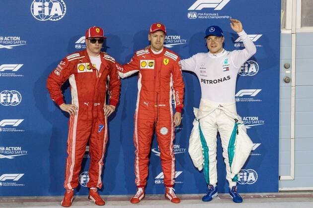 vl. Kimi Raikkoenen (Scuderia Ferrari), Sebastian Vettel (Scuderia Ferrari) und Valtteri Bottas (Mercedes AMG Petronas Formula One Team), Grosser Preis von Bahrain 2018, Qualifying, 07.04.18, Foto:Illmann Eibner Sachir Copyright: xEIBNER Illmannx EP_EER
